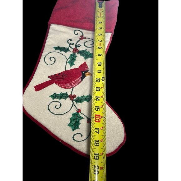 Christmas Stocking Applied Cardinal Bird Beaded 19" Red Velvet - Picture 5 of 7